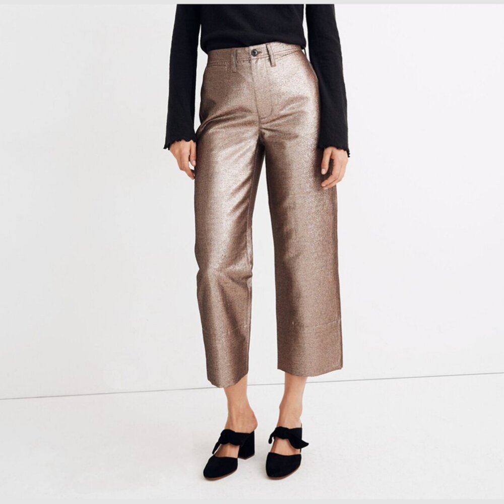 Madewell Slim Emmett Wide-Leg Crop Pants in Metallic Rose Gold